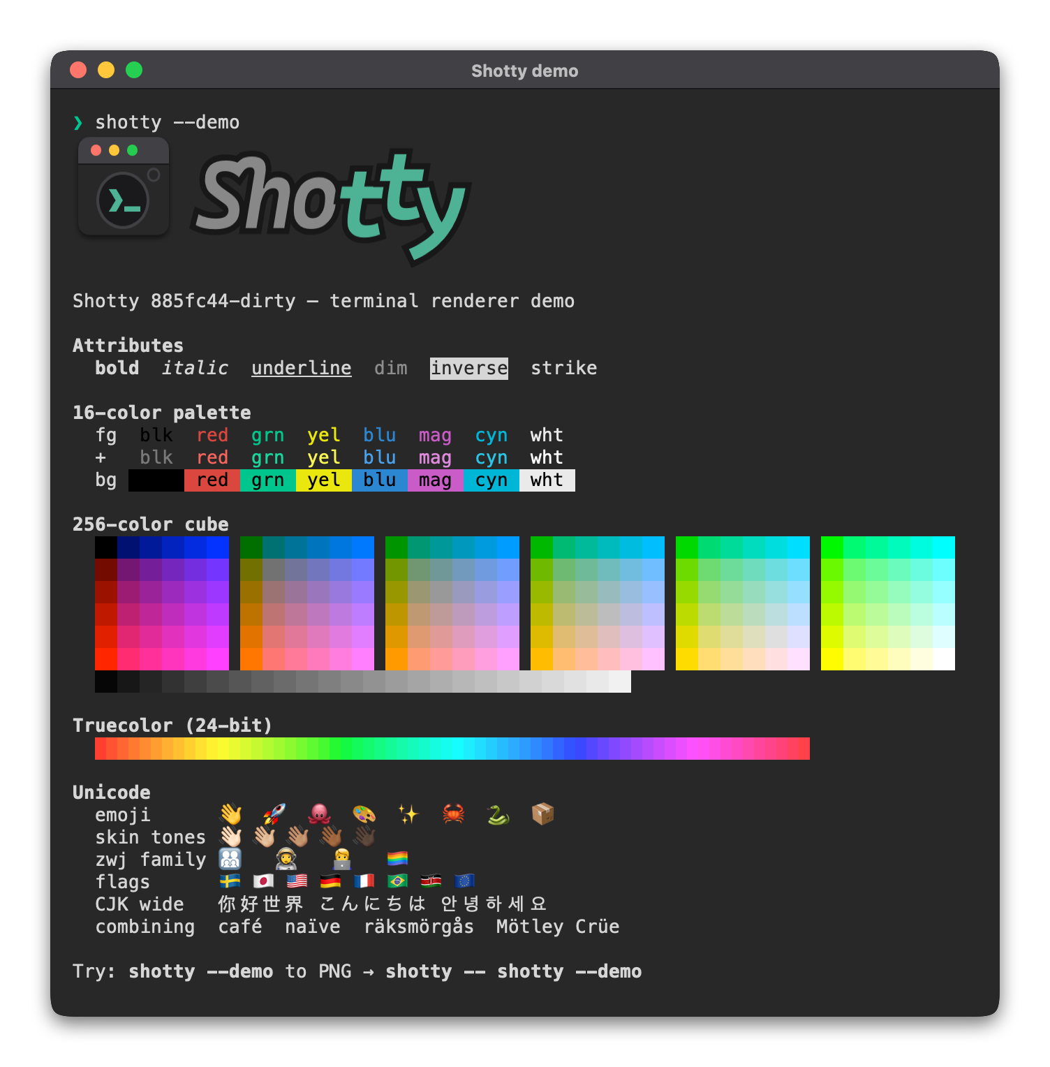 Shotty's terminal-renderer demo, exercising every entry in the table above