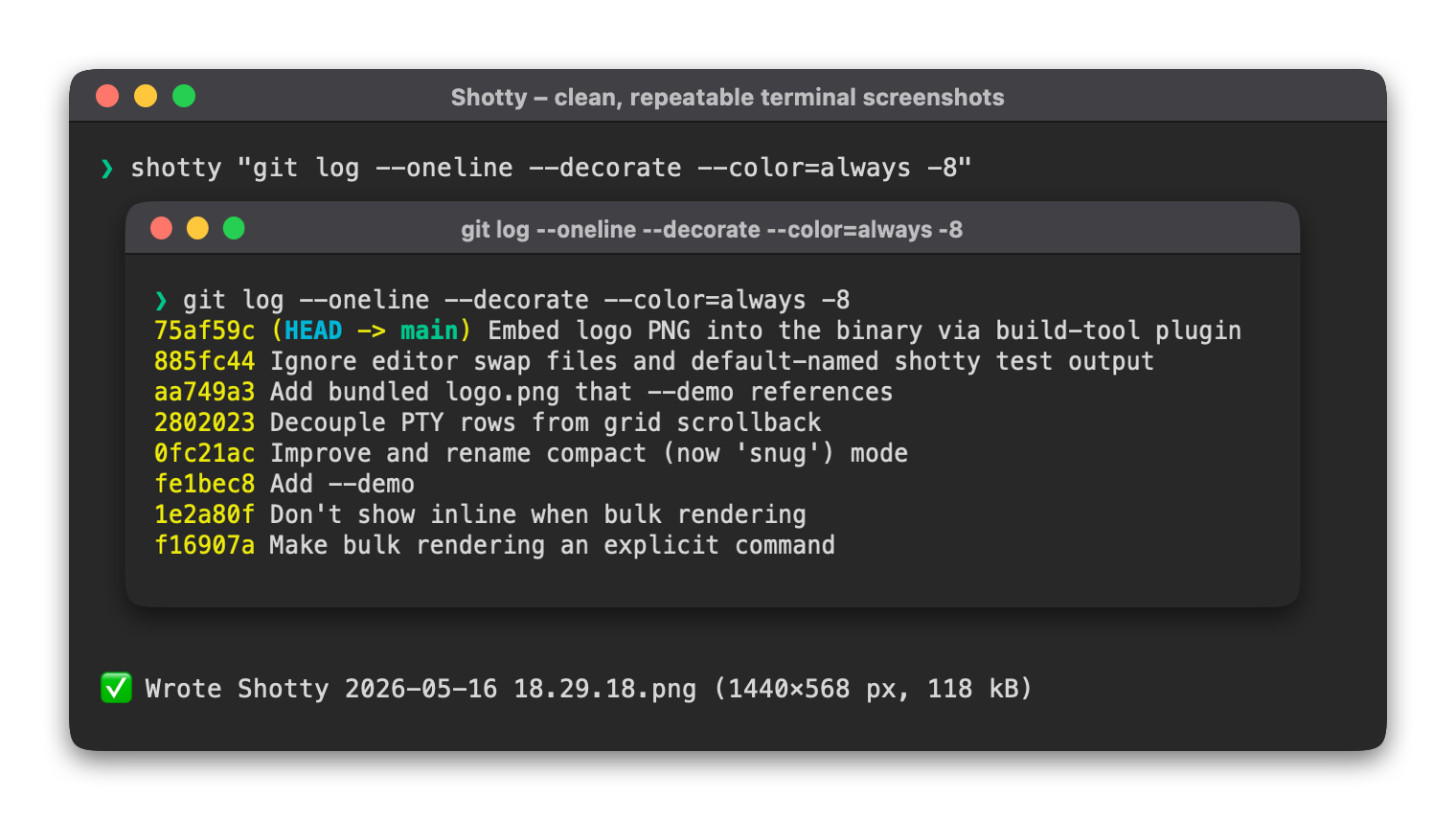 Hero — git log of this very repo